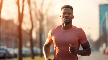 African American man is running outdoors on the street at morning time