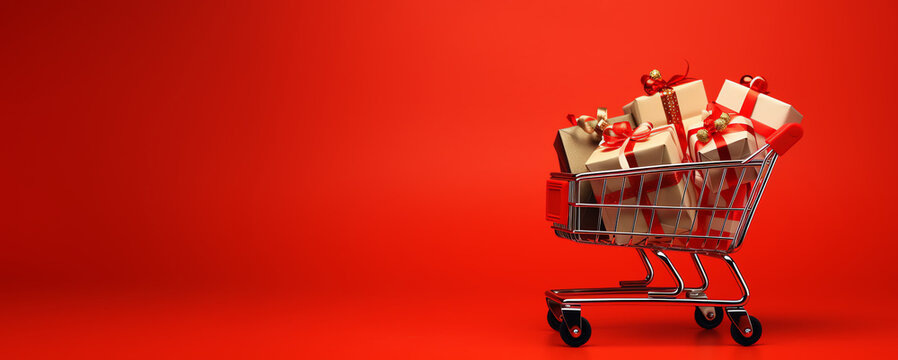 Shopping cart full of presents. Gift boxes with bows in a supermarket trolley. Christmas and New Year sale minimal concept. Gifts in toy shopping cart. Copy Space. Generative AI