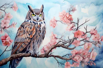 Zelfklevend Fotobehang owl with flower on background © Tidarat