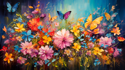 Obraz na płótnie Canvas Oil painting flowers and butterflies. Generative AI,