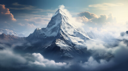 View of Snowy Mountains with a a dramatic sky and wonderful day. Generative AI