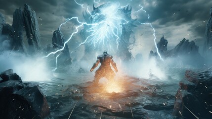 Epic battle elemental forces in magical island - obrazy, fototapety, plakaty