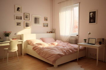 Fototapeta na wymiar Cozy bedroom interior, luxury lifestyle aesthetic and minimalistic