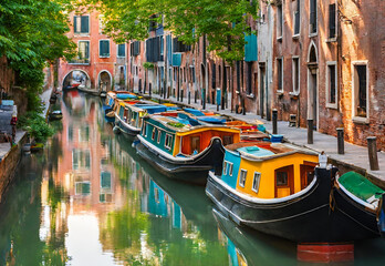 A picturesque scene of colourful canal boats in a serene waterway. - obrazy, fototapety, plakaty