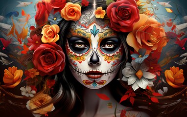 Woman face with dia de los muertos makeup and red roses