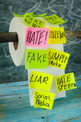 Fight against fake news concept,sticky notes with fake news topics on a roll of toilet paper