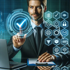 Photo depicting a futuristic workspace where a trustworthy-looking businessman is engaging with a touch-sensitive virtual checklist. Beside him, a lap, cyber security image