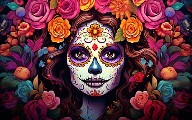 Woman face with dia de los muertos makeup and red roses