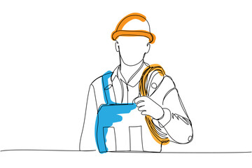 Builder with cable, hose in work uniform, protective overalls, hard hat, electrician one line art. Continuous line color drawing of repair, professional, hand, people, concept, support, maintenance.