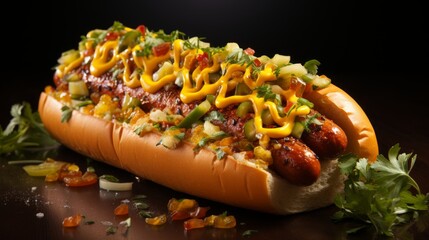 A mouthwatering hot dog with mustard and relish. AI generated