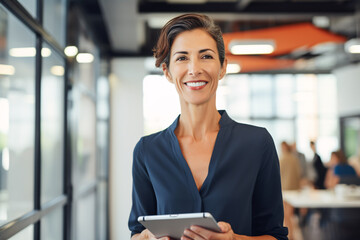 Beautiful businesswoman entrepreneur smiling holding a tablet computer in modern creative office, successful woman and business concept. 