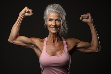 Beautiful cheerful middle aged senior woman with healthy lifestyle, smiling and flexing arm muscles on black background, health and wellness for aging society concept.