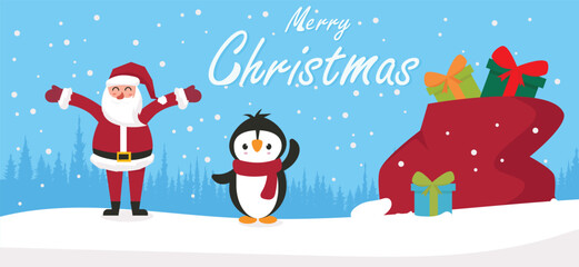 Merry Christmas  with cute Santa Claus and ,penguin cartoon character vector. greeting card