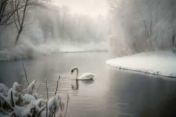 Winter scene with a swan on a snowy lake. Generative AI