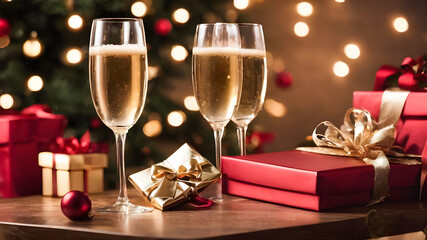 Glasses of champagne with christmas gift boxes and tree on background