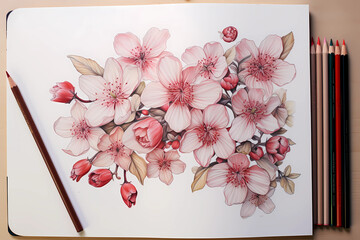 A vivid and evocative colored pencil drawing breathes life into delicate flowers, each petal and stem meticulously shaded to capture the vibrant essence of nature's beauty