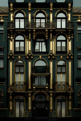 Fototapeta premium A stunning architectural masterpiece, this black and white building adorned with opulent gold trim stands as a timeless symbol of sophistication and grandeur