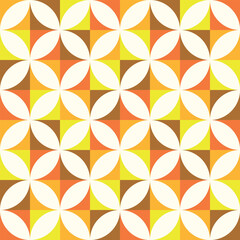 mid century white circles seamless pattern on geometric squares in orange, brown, red and yellow. For wallpaper, home d&eacute;cor and textile 