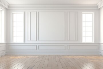 Empty room interior background, white paneling wall, wooden flooring and big window.