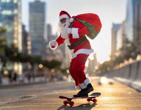 Papai Noel radical, andando de skate em cena urbana