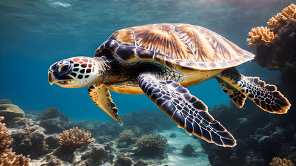 Obraz premium Hawaiian Green Sea Turtle (Chelonia mydas) in the ocean