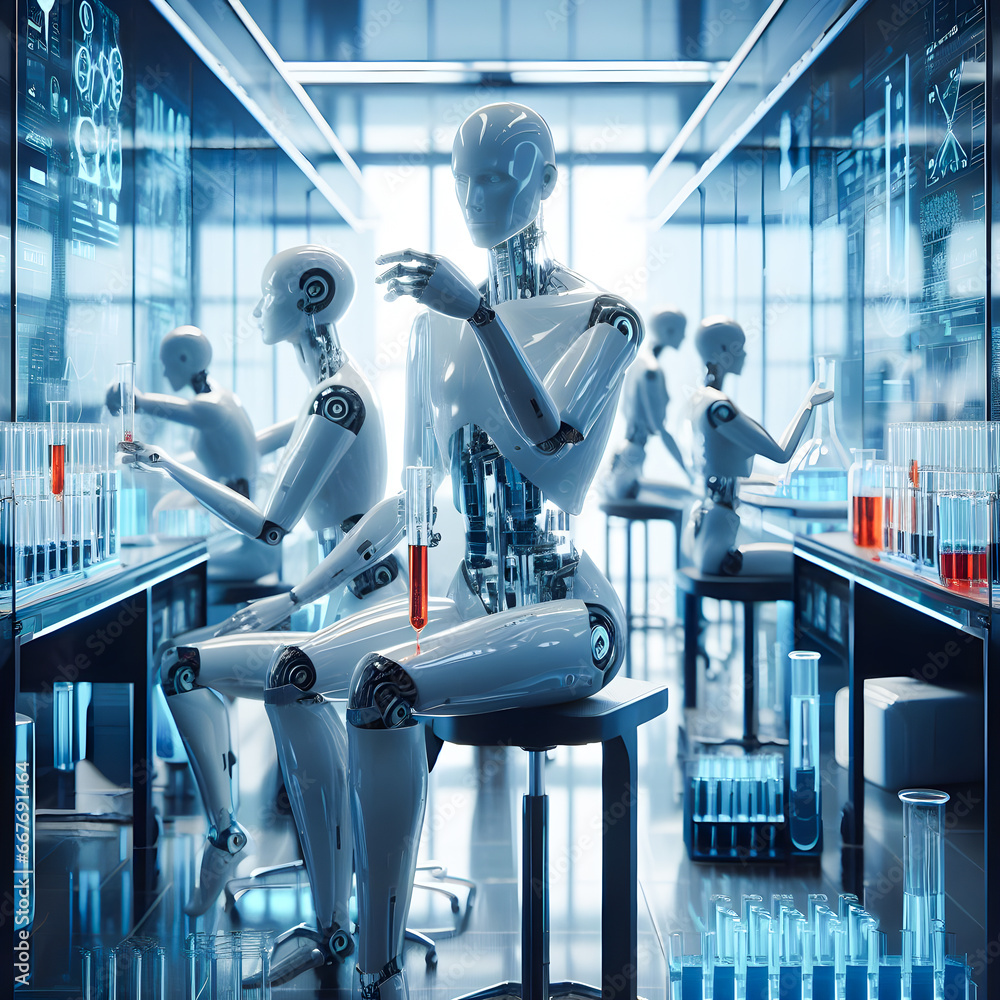 Poster humanoid robot working in the laboratory with test tubes
