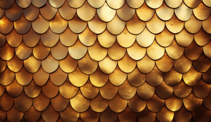 Golden dragon scale texture. Dragon, dinosaur skin background. Squama of fish, mermaid, reptile or fantasy monster. Monster leather background. Fantasy pattern. Generated by artificial intelligence