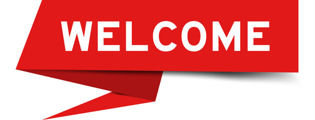 Red color speech banner with word welcome on white background © bankrx