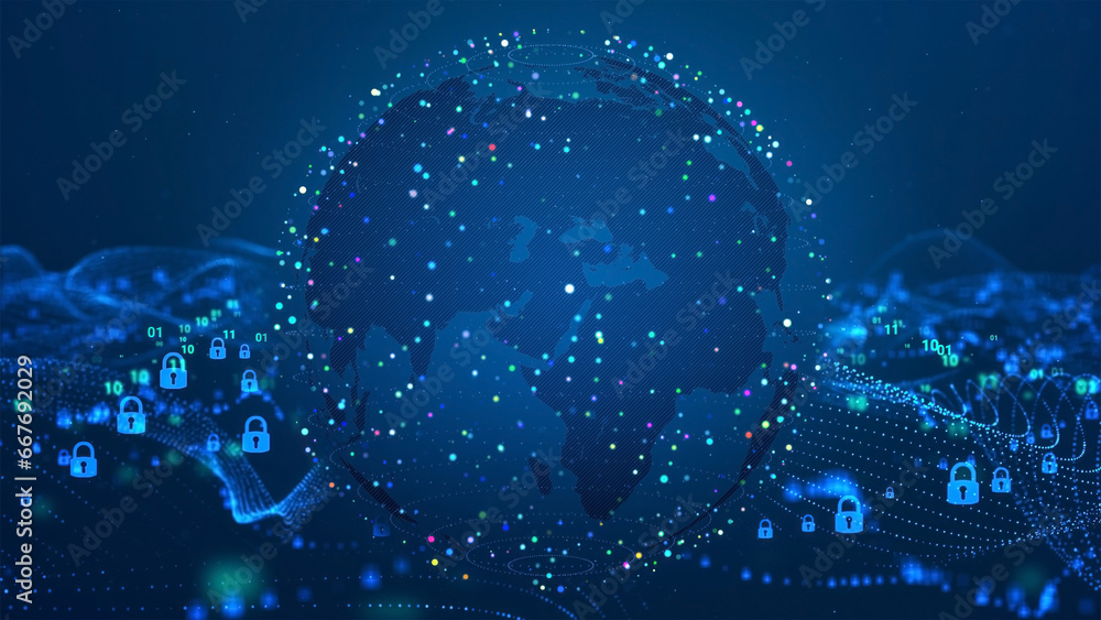Wall mural security dark abstract wave dot background with digital colorful spherical particles