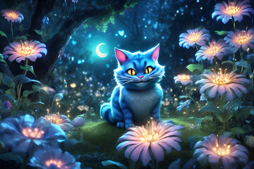 Cheshire cat in a fairy forest. - obrazy, fototapety, plakaty
