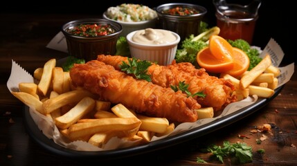 A tray of crispy fish and chips. AI generated