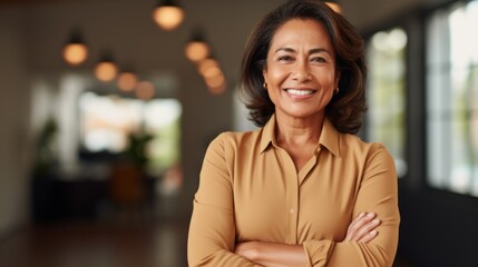 Smiling Old Indian Woman with Brown Straight Hair Photo. Portrait of Business Person on Office Background. Photorealistic Ai Generated Horizontal Illustration. - obrazy, fototapety, plakaty