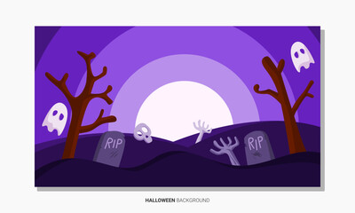 Halloween night background, gravestones, skulls, hands and floating ghosts. vector illustration.