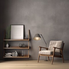 Inside, there is a gray armchair and ladder shelf in a modern living room and is replicated on a home-style wall.