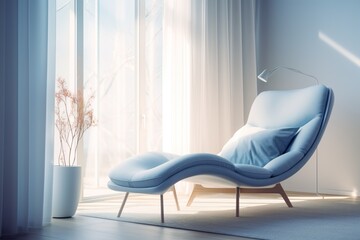 Lounge chair against window. Minimalist home interior design of modern living room.