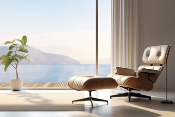 Lounge chair against window. Minimalist home interior design of modern living room.