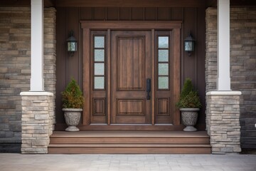 Entrance Door: Georgian wooden front door with pillars and stone walls.