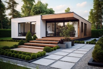 Small modern small house with wooden balcony and designed front yard. Residential exterior architecture