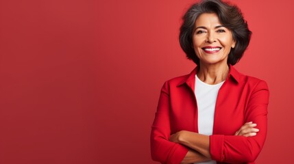Smiling Old Latino Woman with Red Straight Hair Photo. Portrait of Business Person on Solid Background. Photorealistic Ai Generated Horizontal Illustration. - obrazy, fototapety, plakaty