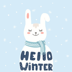 Hand drawn Christmas card with cute bunny, handwritten text Hello winter.  Rabbit character with snowflakes. Christmas Childish print for nursery, kids apparel, poster, postcard. Vector Illustration