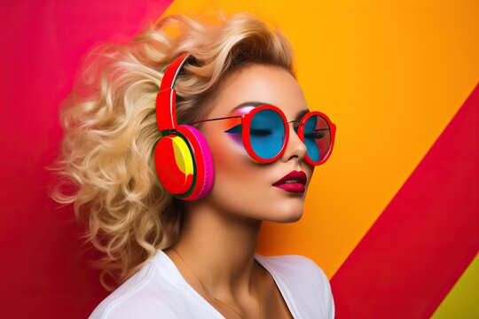 A pop art retro style pretty blonde young woman wearing headphones and on vibrant colorful background