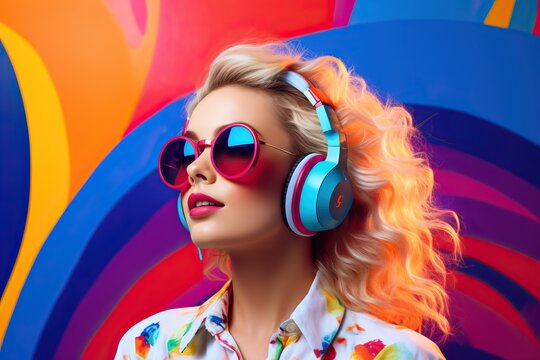 Pop art retro style pretty blonde young woman wearing headphones and on vibrant colorful background