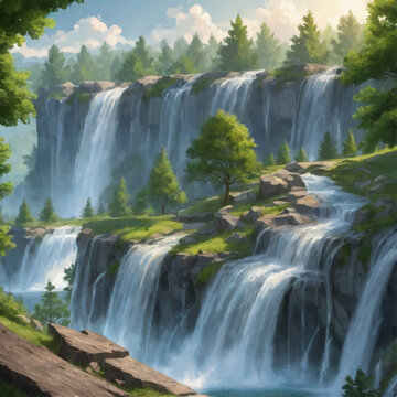 waterfall in the forest, ai generated 