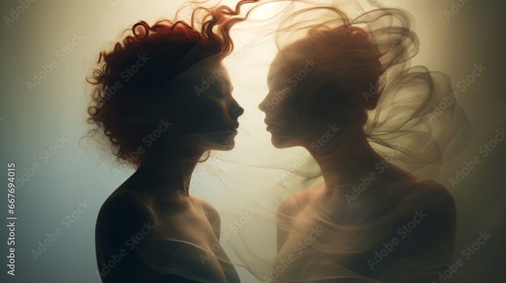 Aufkleber a photograph captures ethereal beauty two models merge effortlessly in a stunning double exposure, t