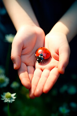 Ladybug in the hand of a child. Generative AI,