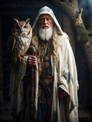 A wise wizard with his huge owl in his arms