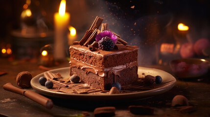 Fototapeta na wymiar Decorated Chocolate Cake Peace on Dark Themed Background Selective Focus