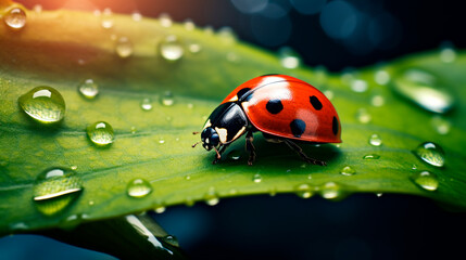 Ladybug on a leaf of grass. Generative AI,