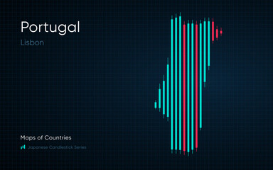 Portugal map is shown in a chart with bars and lines. Japanese candlestick chart Series	