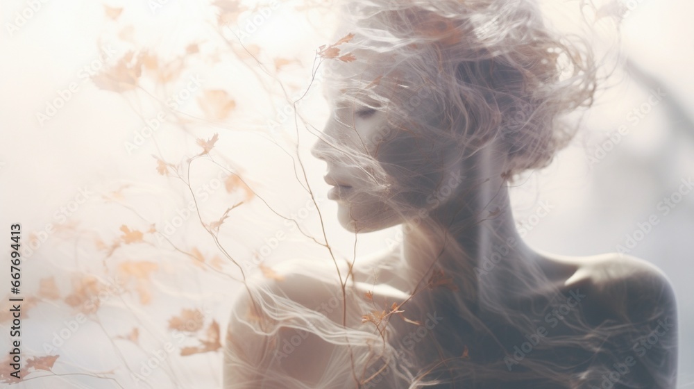 Poster a photograph capturing the ethereal beauty of double exposure models intertwined with nature's eleme